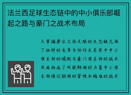 法兰西足球生态链中的中小俱乐部崛起之路与豪门之战术布局