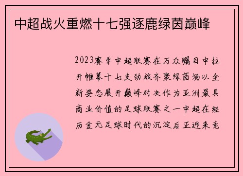 中超战火重燃十七强逐鹿绿茵巅峰