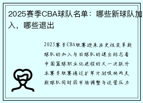 2025赛季CBA球队名单：哪些新球队加入，哪些退出